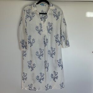 J. McLaughlin White Linen Dress with Blue Embroidered Coral